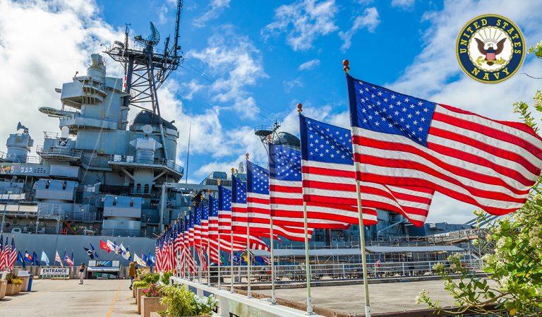 US Navy Ship and American flags