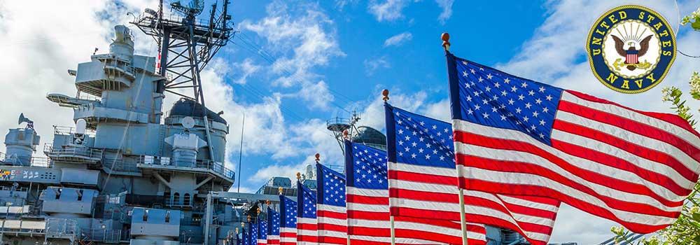 US navy ship and American flags