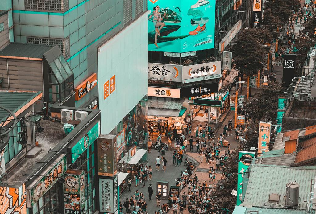 City with people and billboards in Taiwan