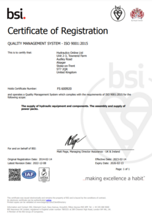 Hydraulics Online ISO 9001 certificate