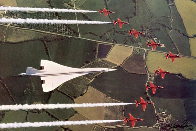 Brooklands Concorde G-BBDG flying in formation with the Red Arrows
